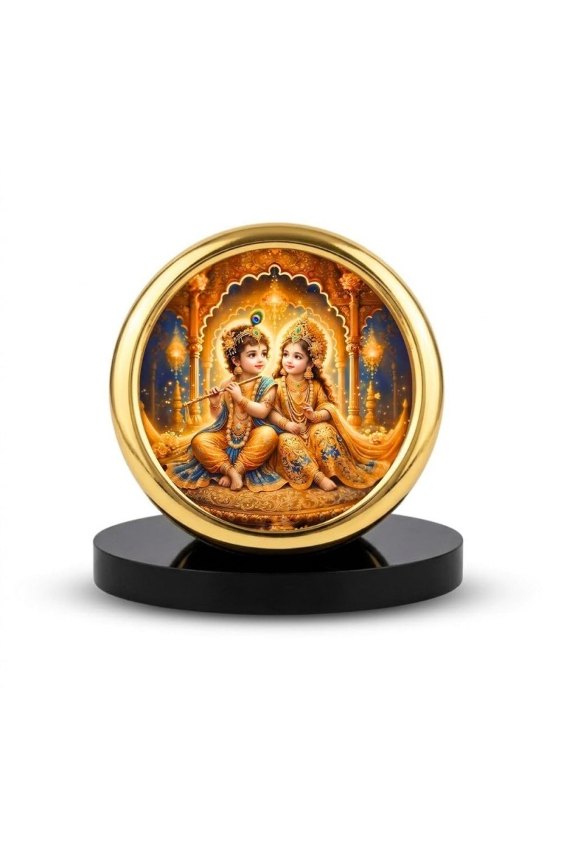 Car Desk/Table Top Radha Krishna Metal Golden Photo Stand 2x2 Inches, Compact & Stylish Spiritual Display for Car, Home & Office (Pack of 1) (F18885)