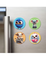 Sparrow, Koala, Cow, and Owl. Fridge Magnets 4 Piece Set | 3 Inch Round Wall Fridge Decor (F22909)
