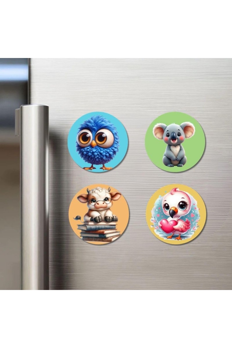 Sparrow, Koala, Cow, and Owl. Fridge Magnets 4 Piece Set | 3 Inch Round Wall Fridge Decor (F22909)