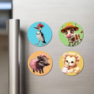 Woodpecker, Cow, Boar, and Lion. Fridge Magnets 4 Piece Set | 3 Inch Round Wall Fridge Decor (F22889)