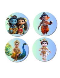 Shiva, Shakti, Ganesha, Kartikeya, and Krishna. Fridge Magnets 4 Piece Set | 3 Inch Round Wall Fridge Decor (F23197)