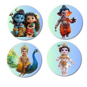 Shiva, Shakti, Ganesha, Kartikeya, and Krishna. Fridge Magnets 4 Piece Set | 3 Inch Round Wall Fridge Decor (F23197)
