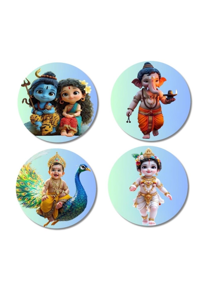 Shiva, Shakti, Ganesha, Kartikeya, and Krishna. Fridge Magnets 4 Piece Set | 3 Inch Round Wall Fridge Decor (F23197)