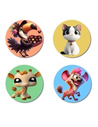 Toucan, Cat, Giraffe, and Hyena. Fridge Magnets 4 Piece Set | 3 Inch Round Wall Fridge Decor (F23031)