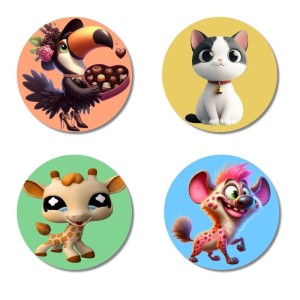 Toucan, Cat, Giraffe, and Hyena. Fridge Magnets 4 Piece Set | 3 Inch Round Wall Fridge Decor (F23031)