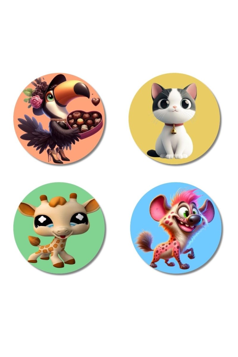 Toucan, Cat, Giraffe, and Hyena. Fridge Magnets 4 Piece Set | 3 Inch Round Wall Fridge Decor (F23031)