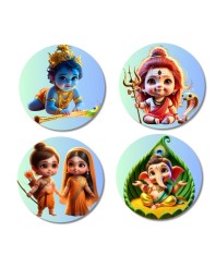 Kartikeya, Shiva, Krishna, Rama, Sita, and Ganesha. Fridge Magnets 4 Piece Set | 3 Inch Round Wall Fridge Decor (F22771)