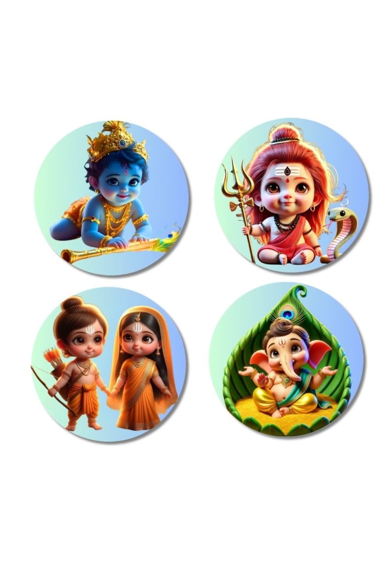 Kartikeya, Shiva, Krishna, Rama, Sita, and Ganesha. Fridge Magnets 4 Piece Set | 3 Inch Round Wall Fridge Decor (F22771)