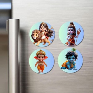 Durga, Shiva, Ganesha, Krishna Fridge Magnets 4 Piece Set | 3 Inch Round Wall Fridge Decor (F23173)