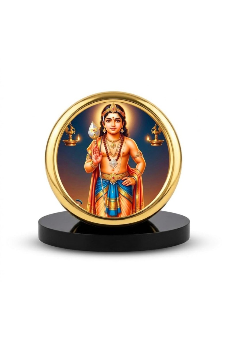 Car Desk/Table Top Lord Karthikeya Metal Golden Photo Stand 2x2 Inches, Compact & Stylish Spiritual Display for Car, Home & Office (Pack of 1) (F18793)