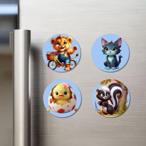 Lion, Cat, Chick, and Skunk. Fridge Magnets 4 Piece Set | 3 Inch Round Wall Fridge Decor (F23137) Lion, Cat, Chick, and Skunk. Fridge Magnets 4 Piece Set | 3 Inch Round Wall Fridge Decor (F23137)