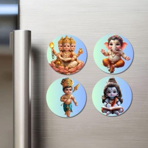 Brahma, Ganesha, Kartikeya, and Shiva. Fridge Magnets 4 Piece Set | 3 Inch Round Wall Fridge Decor (F22810)