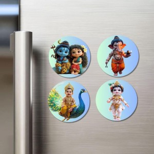 Shiva, Shakti, Ganesha, Kartikeya, and Krishna. Fridge Magnets 4 Piece Set | 3 Inch Round Wall Fridge Decor (F23197)