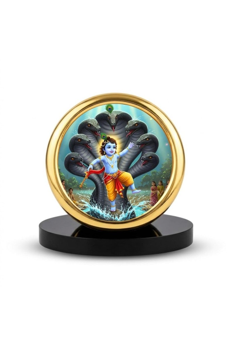 Car Desk/Table Top Lord Krishna Metal Golden Photo Stand 2x2 Inches, Compact & Stylish Spiritual Display for Car, Home & Office (Pack of 1) (F18925)