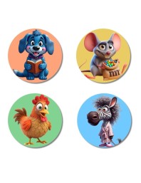 Dog, Mouse, Chicken, and Zebra. Fridge Magnets 4 Piece Set | 3 Inch Round Wall Fridge Decor (F22977)