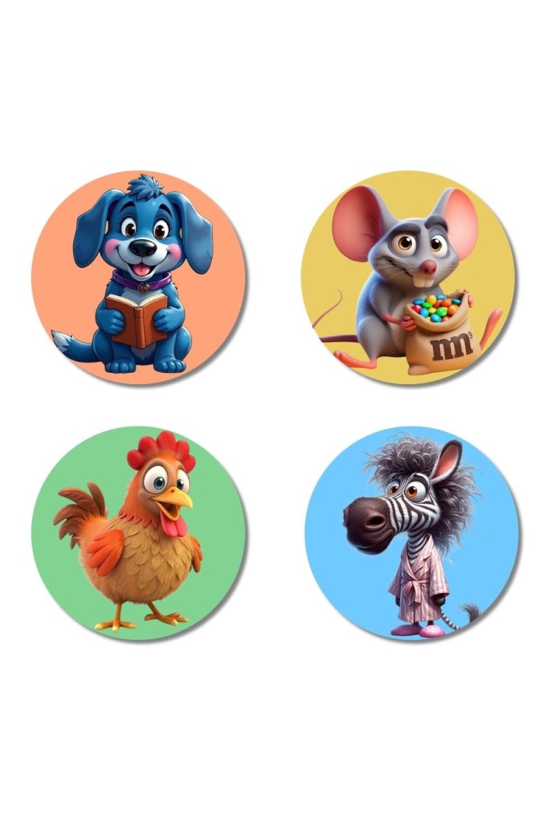 Dog, Mouse, Chicken, and Zebra. Fridge Magnets 4 Piece Set | 3 Inch Round Wall Fridge Decor (F22977)