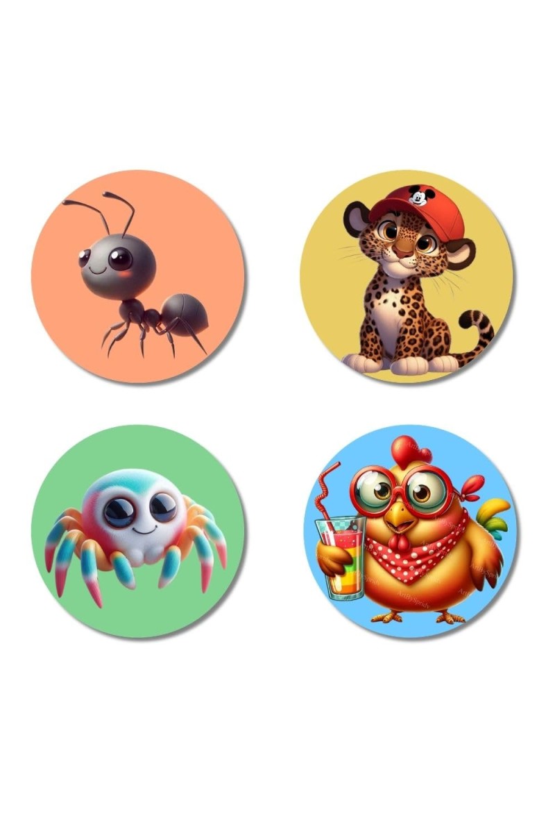 Horse, Raccoon, Bee, and Hippo. Fridge Magnets 4 Piece Set | 3 Inch Round Wall Fridge Decor (F22957)