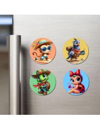 Monkey, Pigeon, Turtle, and Ladybug. Fridge Magnets 4 Piece Set | 3 Inch Round Wall Fridge Decor (F22961)