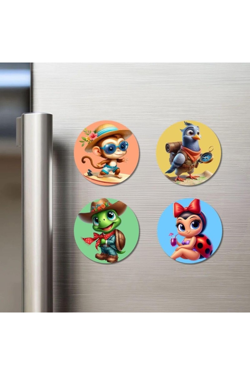 Monkey, Pigeon, Turtle, and Ladybug. Fridge Magnets 4 Piece Set | 3 Inch Round Wall Fridge Decor (F22961)
