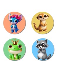 Alien, Meerkat, Frog, and Raccoon. Fridge Magnets 4 Piece Set | 3 Inch Round Wall Fridge Decor (F22964)