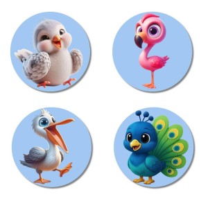 Bird, Flamingo, Pelican, and Peacock. Fridge Magnets 4 Piece Set | 3 Inch Round Wall Fridge Decor (F23085)