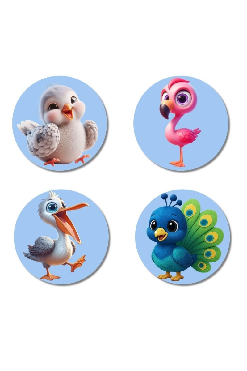 Bird, Flamingo, Pelican, and Peacock. Fridge Magnets 4 Piece Set | 3 Inch Round Wall Fridge Decor (F23085)