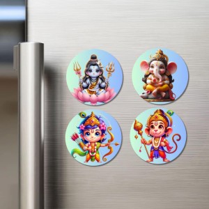 Shiva, Ganesha, Rama, and Hanuman Fridge Magnets 4 Piece Set | 3 Inch Round Wall Fridge Decor (F22792)