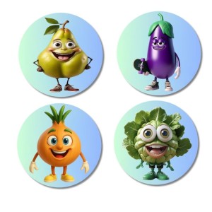 Beetroot, Pear, Radish, Mint Fridge Magnets 4 Piece Set | 3 Inch Round Wall Fridge Decor (F23333)