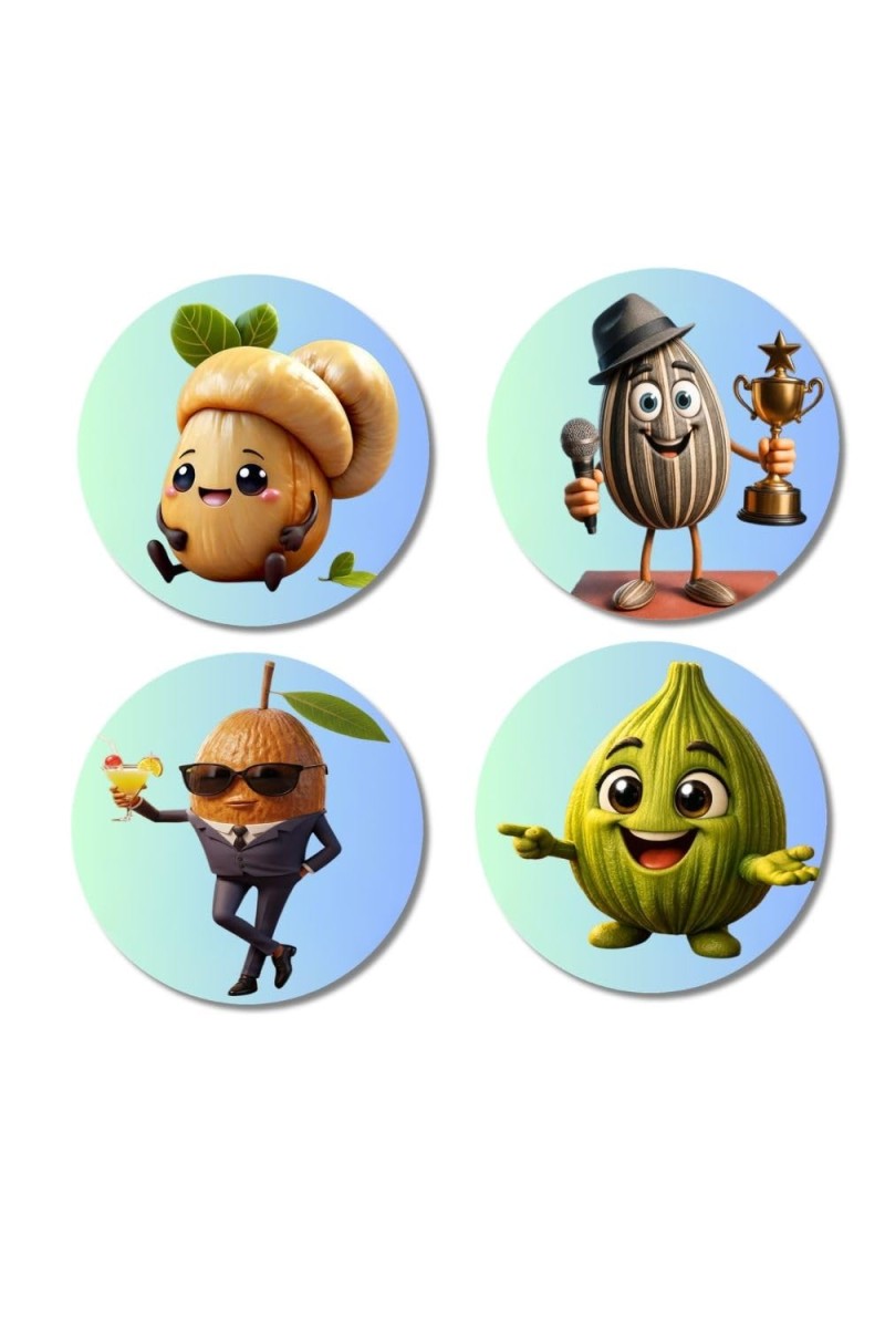 Pomegranate, Bitter Gourd, Cashew, Sapota Fridge Magnets 4 Piece Set | 3 Inch Round Wall Fridge Decor (F23320)