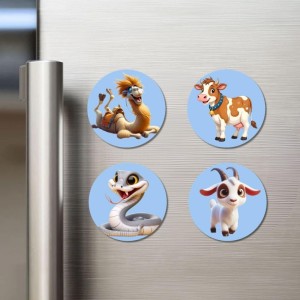 Camel, Cow, Snake, and Goat. Fridge Magnets 4 Piece Set | 3 Inch Round Wall Fridge Decor (F23056)