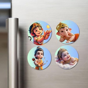 Hanuman, Ganesha, Rama, and Krishna. Fridge Magnets 4 Piece Set | 3 Inch Round Wall Fridge Decor (F23206)