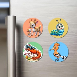 Deer, Caterpillar, Shrimp, and Hoopoe. Fridge Magnets 4 Piece Set | 3 Inch Round Wall Fridge Decor (F22959)
