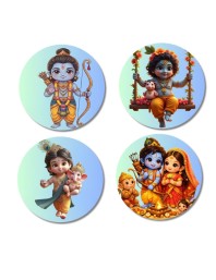 Rama, Krishna, Sita, and Hanuman. Fridge Magnets 4 Piece Set | 3 Inch Round Wall Fridge Decor (F22840)