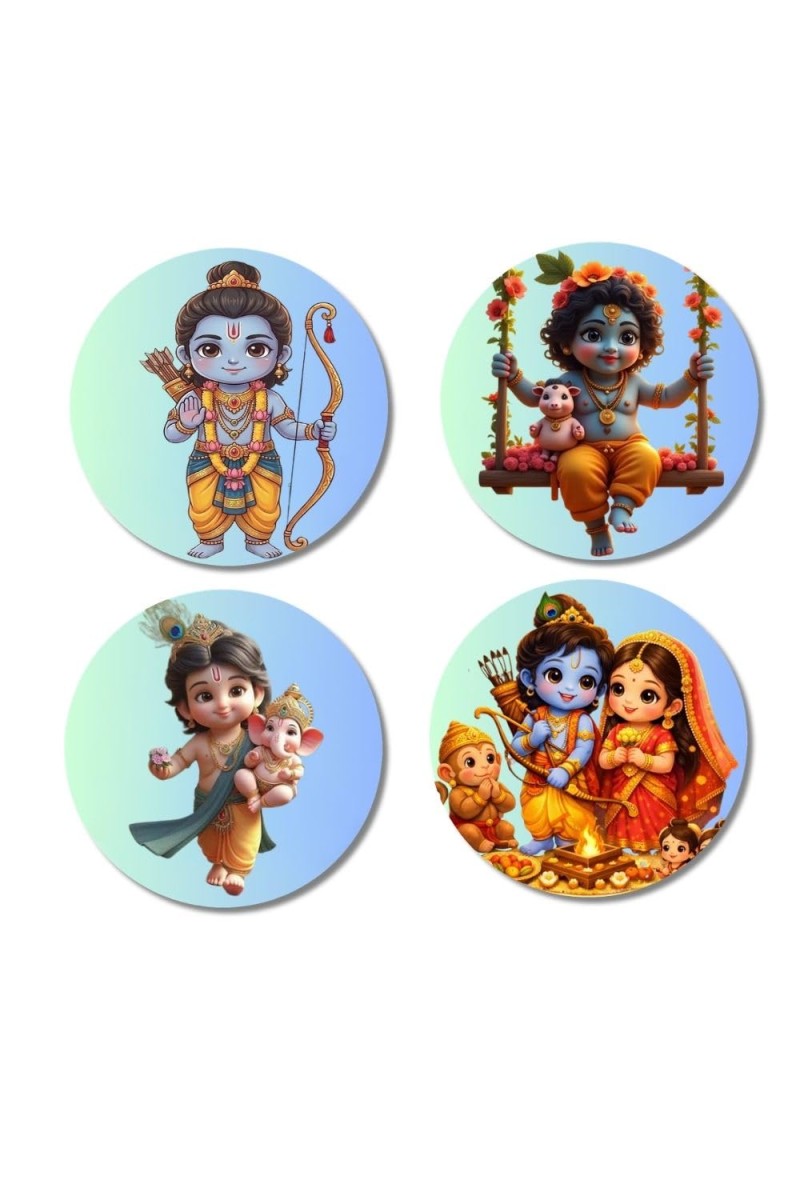 Rama, Krishna, Sita, and Hanuman. Fridge Magnets 4 Piece Set | 3 Inch Round Wall Fridge Decor (F22840)