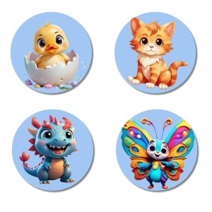 Chick, Cat, Dragon, and Butterfly. Fridge Magnets 4 Piece Set | 3 Inch Round Wall Fridge Decor (F23089)