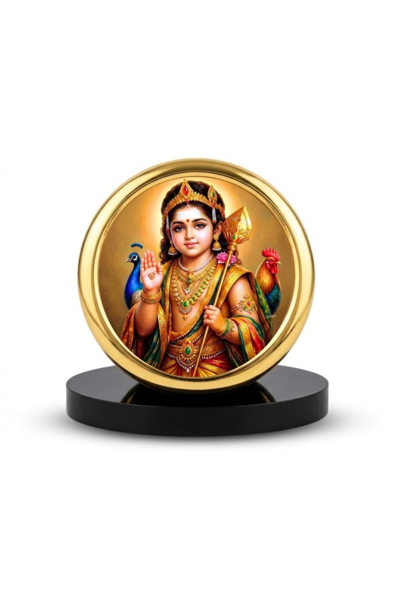 Car Desk/Table Top Lord Murugan Metal Golden Photo Stand 2x2 Inches, Compact & Stylish Spiritual Display for Car, Home & Office (Pack of 1) (F18817)