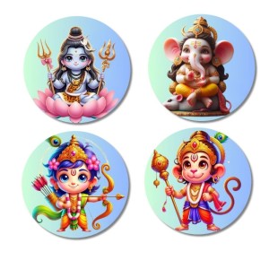 Shiva, Ganesha, Rama, and Hanuman Fridge Magnets 4 Piece Set | 3 Inch Round Wall Fridge Decor (F22792)