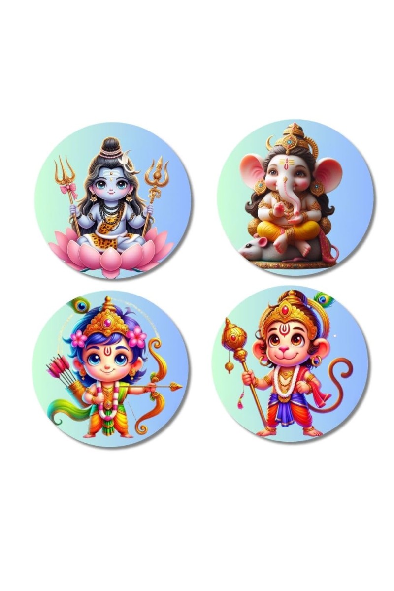 Shiva, Ganesha, Rama, and Hanuman Fridge Magnets 4 Piece Set | 3 Inch Round Wall Fridge Decor (F22792)