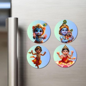 Krishna, Baby Lakshmi Fridge Magnets 4 Piece Set | 3 Inch Round Wall Fridge Decor (F23259)