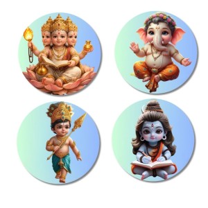 Brahma, Ganesha, Kartikeya, and Shiva. Fridge Magnets 4 Piece Set | 3 Inch Round Wall Fridge Decor (F22810)