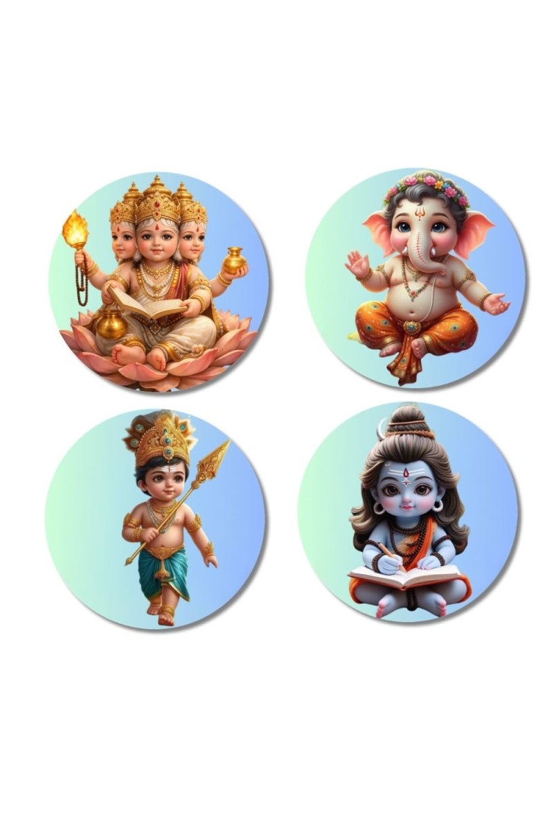 Brahma, Ganesha, Kartikeya, and Shiva. Fridge Magnets 4 Piece Set | 3 Inch Round Wall Fridge Decor (F22810)