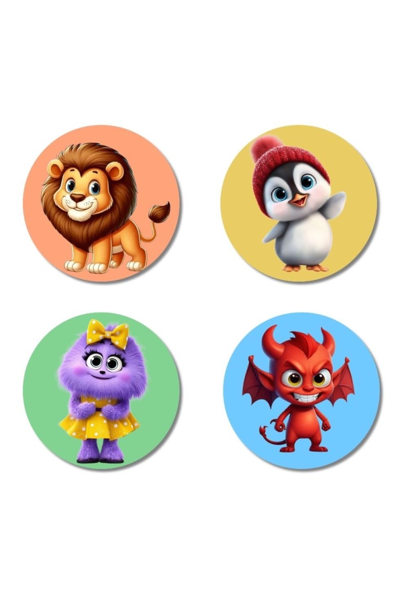 Lion, Penguin, Cat, and Monster. Fridge Magnets 4 Piece Set | 3 Inch Round Wall Fridge Decor (F22969)