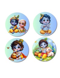 Krishna Fridge Magnets 4 Piece Set | 3 Inch Round Wall Fridge Decor (F22787)
