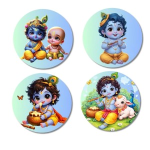 Krishna Fridge Magnets 4 Piece Set | 3 Inch Round Wall Fridge Decor (F22787)