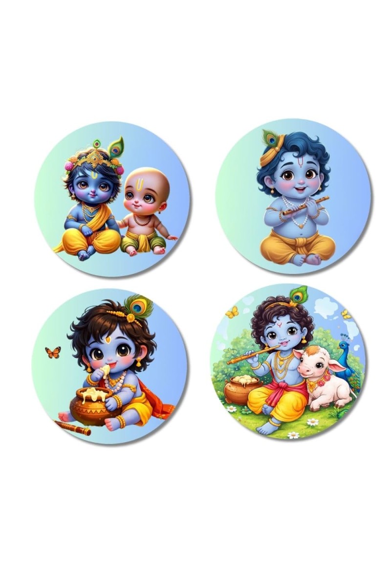 Krishna Fridge Magnets 4 Piece Set | 3 Inch Round Wall Fridge Decor (F22787)