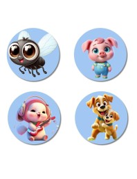 Fly, Pig, Mouse, and Dog. Fridge Magnets 4 Piece Set | 3 Inch Round Wall Fridge Decor (F23066)
