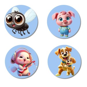 Fly, Pig, Mouse, and Dog. Fridge Magnets 4 Piece Set | 3 Inch Round Wall Fridge Decor (F23066)