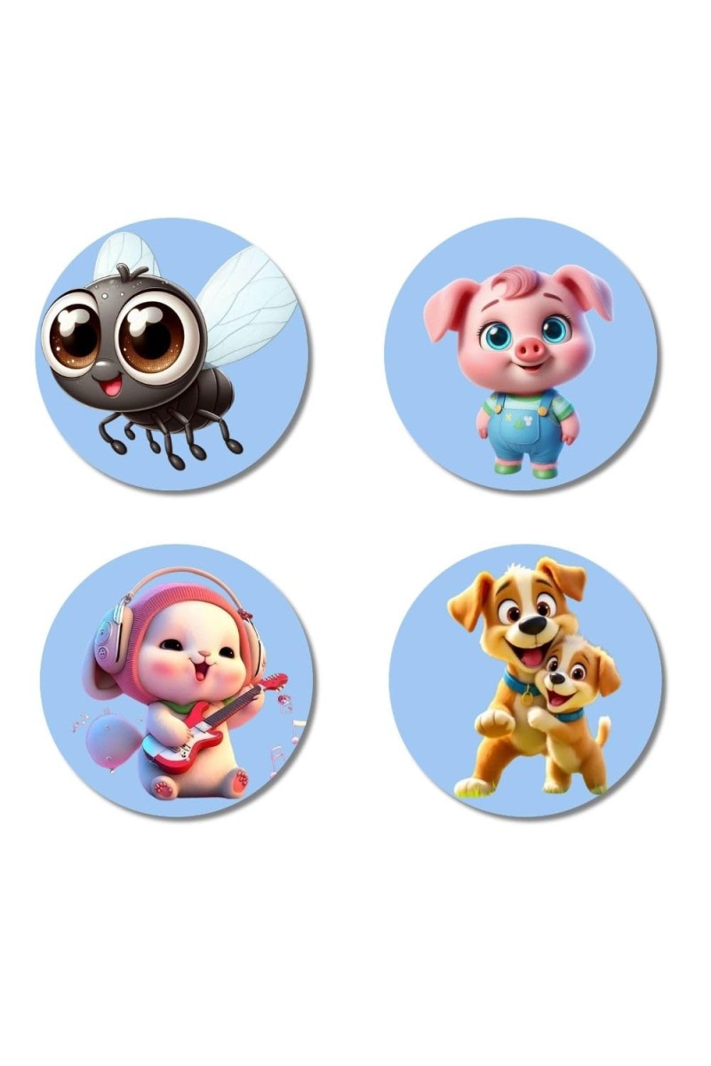 Fly, Pig, Mouse, and Dog. Fridge Magnets 4 Piece Set | 3 Inch Round Wall Fridge Decor (F23066)