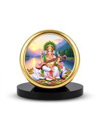 Car Desk/Table Top Goddess Saraswathi Metal Golden Photo Stand 2x2 Inches, Compact & Stylish Spiritual Display for Car, Home & Office (Pack of 1) (F18606)