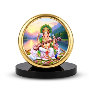 Car Desk/Table Top Goddess Saraswathi Metal Golden Photo Stand 2x2 Inches, Compact & Stylish Spiritual Display for Car, Home & Office (Pack of 1) (F18606)